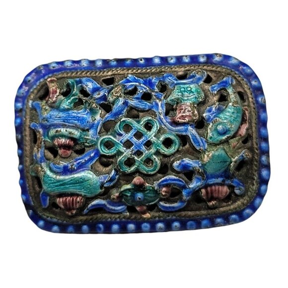 Gilt Chinese Enamel Brooch Gold Plated Front Colorful Design Sterling Silver - Picture 1 of 8